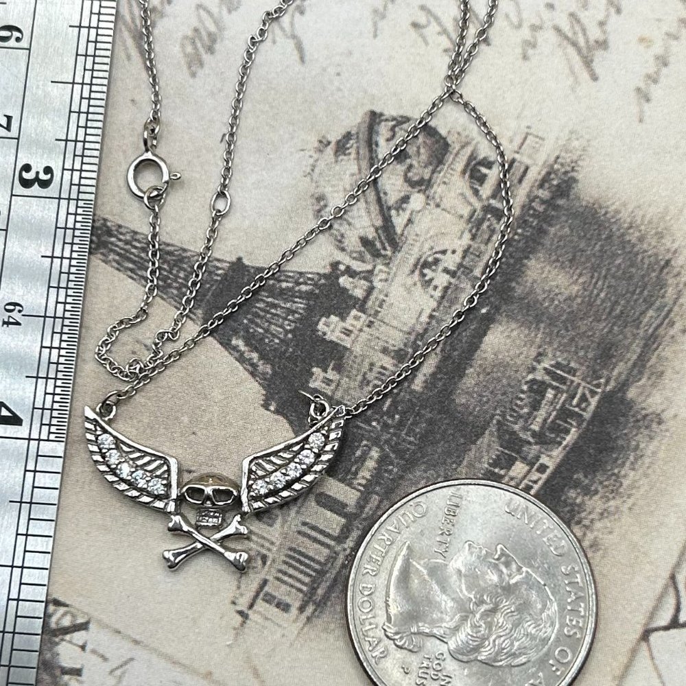 Sterling Silver Skull Necklace With CZ Stones - Picture 7 of 8